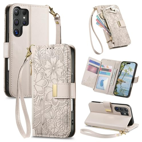 VEEMOS Handyhülle für Samsung Galaxy S24 Ultra Hülle Klappbar Leder Klapphülle mit Reißverschluss Kartenfächern Ständer Band Blumen Prägung Schutzhülle Damen Wallet Flip Case - Grau