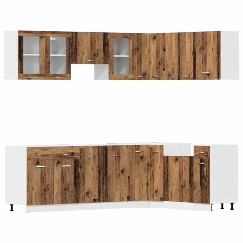 ULUYYUC 11-TLG Küchenzeile Lyon Altholz-Optik 80 x 46 x 81,5 cm Holzwerkstoff mit Glas robuste Küchenschränke modularer Küchenblock für kleine und große Kochinsel