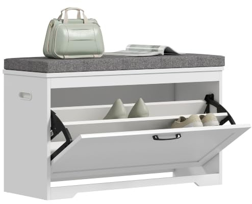 HOMCOM Banc à Chaussures Banc D'entrée Siège Rembourré 80x30x50cm Blanc | Style Moderne, Tiroir Basculant, Étagère Réglable, pour Entrée, Couloir, Chambre, Jusqu'à 8 Paires