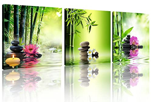 TutuBeer Zen Art Spa-Dekor, grüner Bambus, Dekoration, rosa Seerose und Frangipani, Spa, Bilder, Kunstdruck, Bambus- und Blumenbilder, aufhängfertig, 3 Paneele