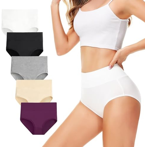 TUUHAW Culotte Femme Lot de 5 Coton Taille Haute Slips Elasticité Stretch | Lot Culotte Gainante Femme Ventre Plat, Slip Femme Confort Stretch