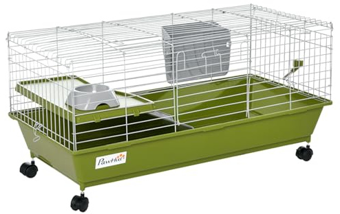 PawHut 35 L Small Animal Cage, Rolling Bunny Cage, Guinea Pig Cage with Food Dish, Water Bottle, Hay Feeder, Platform, Ramp for Chinchilla, Green