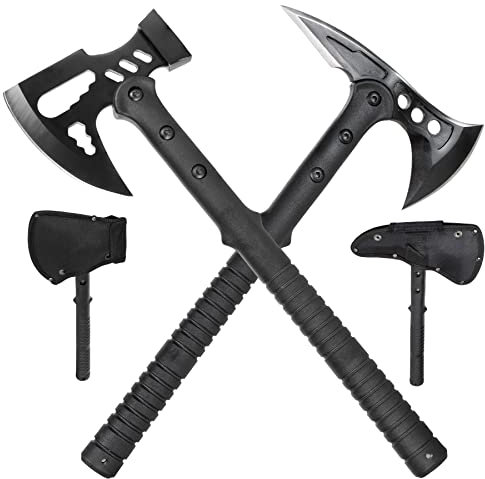 Set 2 Äxten 1x M48 Tactical Tomahawk mit Sanddorn - 1x Survival-Axt mit Hammer perfekt als Outdoor-Campingaxt - Axt mit Nylontasche