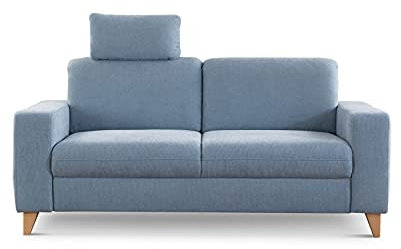 CAVADORE 2,5-Sitzer Sofa Lotta / Skandinavische 2,5er-Couch mit Federkern, Kopfstütze und Holzfüßen / 183 x 88 x 88 / Webstoff, Hellblau