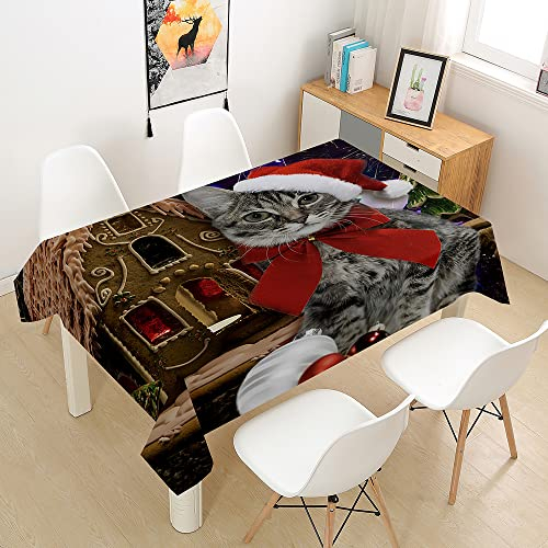 FANSU Weihnachten Tischdecke Wasserdicht Rechteckige Tischwäsche, Abwaschbar Wasserabweisend 3D Tischtuch für Küche Garten Outdoor Esstisch Dekoration (Graue Katze,140x180cm)