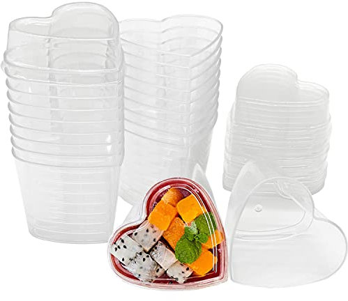 Tazas/Vasos De Postre con tapas - 20 piezas Cuencos De Postre de 150ml En forma de corazón Copa de Aperitivo Transparente Reutilizable Parfait Tazón para mousse, pudín, bodas, cumpleaños, fiestas