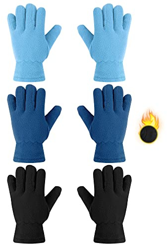 SATINIOR 3 Pairs Winter Fleece Gloves Kids Soft Warm Mitten for Boys Girls Full Fingers Outdoors Activities 5-12 Year(5-8 Years,Multicolor)