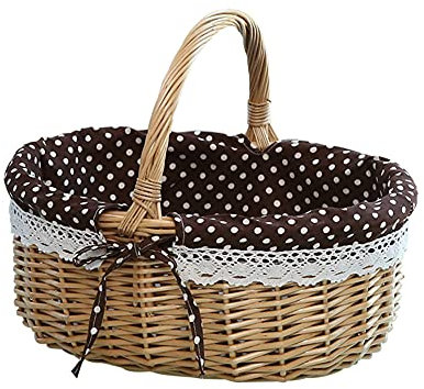Wicker Picknickkorb,Oval Einkaufskorb Weidenkorb mit Henkel, Handgeflochten Geschenkkorb Obstkorb Mit Futter Gewebten Aufbewahrungskorb Tragekorb Autokorb Henkelkorb für Zuhause Camping Garten
