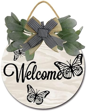 Geroclonup Cartello di Benvenuto per Porta d'Ingresso - Ghirlanda di Legno Rotonda Rustica, Decorazione per Portico Anteriore, Casa Colonica, Inaugurazione della Casa, 30 cm