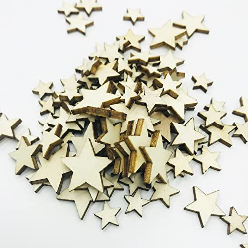 Wambere 200 Stück Mini Holzsterne, Stern Holzscheiben, HolzStern Verzierungen Dekoration für DIY Basteln Hochzeit Geburtstag Tischdekoration Gemischt 4 Größen - 10mm/12mm/15mm/20mm