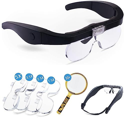 TOOSOAR Lupenbrille mit Licht, 1.5X 2.5X 3.5X 5X 10X abnehmbare vergrößerungsbrille, lupenbrille für brillenträger, für Hobby, Elektriker, Nähen, Handwerk und ältere Menschen