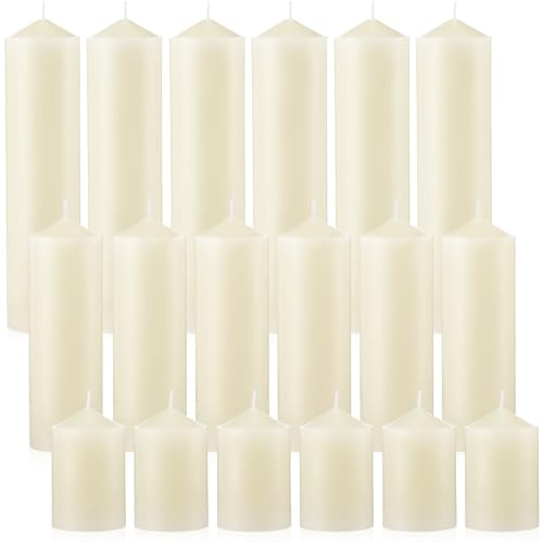 MTLEE 18 Pcs Set of 3 Pillar Candles Bulk 2 in x 3, 6, 8 Long Burning Clean Unscented Smokeless Pillar Candles for Wedding Emergency Lanterns Ceremony Party (Ivory White)