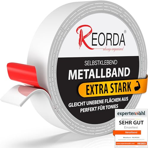 REORDA® Metallband selbstklebend Weiß - Ideal für Tonies®-Figuren & -Regale (EXTRA STARK) - Magnetband für Magnete I Ferroband I Magnetband selbstklebend I Eisenband (6m)