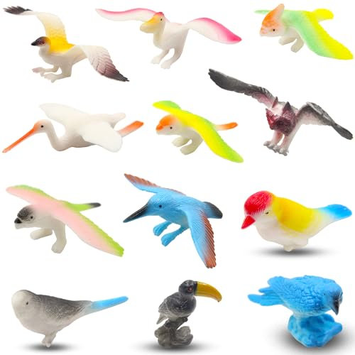 Pinowu Birds Figurines Age 3+ (12pcs), Realistic Eagle Parrot Toucan Pigeon Owl Toy Birds, Learning Educational Toys for Dollhouse Birthday Cake Topper Gift for Kids Toddler w/Storage Bag