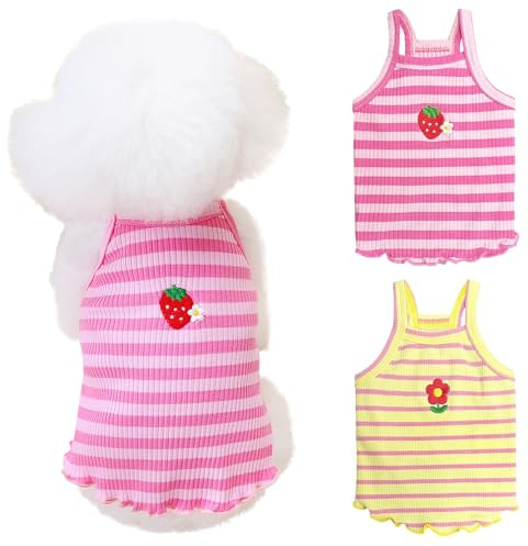 Yaopelky 2 Pezzi Abbigliamento Estivo per Cani Piccoli e Medi, Camicia a Righe per Cani con Carino Ricamo di Fiori e Fragole, Vestito per Animali Domestici per Chihuahua, Yorkie, Teddy (Rosa-Giallo