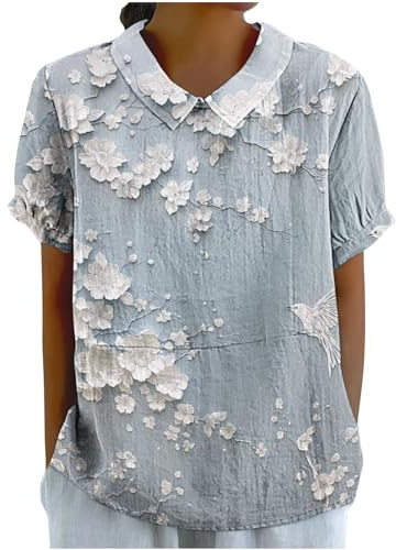 DASAYO Top carino per le donne Peter Pan collare Camicie di lino a maniche corte Plus Size Camicette floreali eleganti vestiti estivi casual, Bianco #27, XL