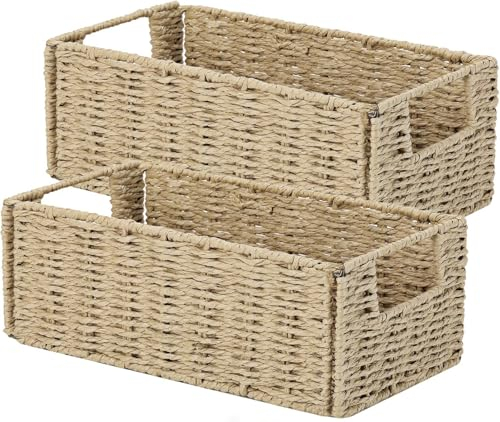 Aluusy Cesto Portaoggetti Intrecciato in Carta di Giacinto d'acqua, Set di 2 Cesto Vimini Rettangolare, Cestini Vimini Pieghevole con Manico 30x15x12 cm, Cestino Portaoggetti per Bagno Cucina