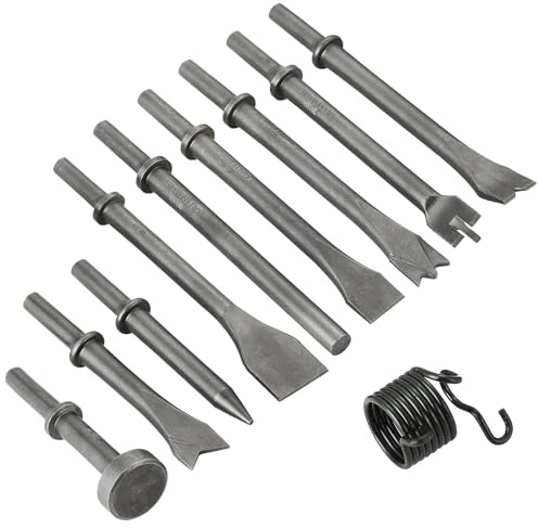 AMGSH Lot de 10 burins pneumatiques à air comprimé - 9 burins pneumatiques robustes à tige de 10 mm - En acier à haute teneur en carbone - Plus 1 ressort