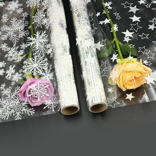 Zellophanfolienrolle zum Verpacken von Geschenken: Weihnachtszellophanfolie, 2 Stück, 3 m x 80 cm, durchsichtige Zellophanfolie, bedruckt mit Stern und Schneeflocke