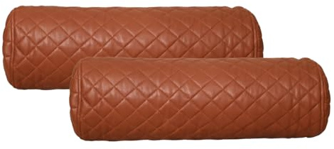 Neck Roll Pillow Cushion Cover, 22x7 Inch Full Moon Round Bolster Pillow Case, Cylinder Soft Lambskin Leather Pillowcase for Head, Spine & Neck Support During Sleep - Quilted Brown Pack of 2