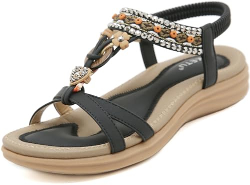 ZDQ Sandals Womens Summer Casual Flat Bohemian Slip-on Sandals with Elastic Ankle Strap