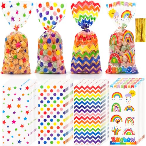 Coicok 100 Pièces Sachet Anniversaire Enfant, Sacs Plastique Transparent Sachet Bonbons Anniversaire, Sacs de Cadeau Alimentaire Cellophane pour Bonbons d'anniversaire, Fêtes, Noël