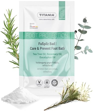 TITANIA fotbadsalt med teeträdolja för hygienisk fotvård 40 g 10-pack | Uppfriskande fotbad med teeträdolja, rosmarin och eukalyptus, vegan, utan mikroplaster, tillverkad i Tyskland