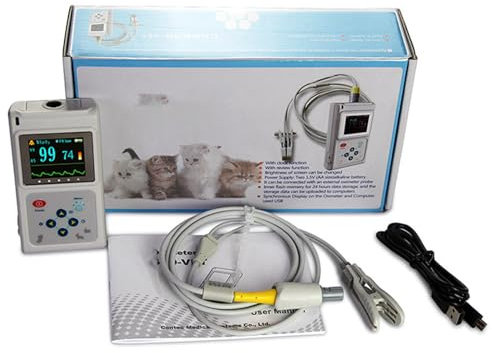 Handhållen veterinär pulsoximeter, SpO2-sensor för öron/tunga, pulsmätare för djur med sond och USB-kabel, för hundar, katter, husdjur, familj och djursjukhus