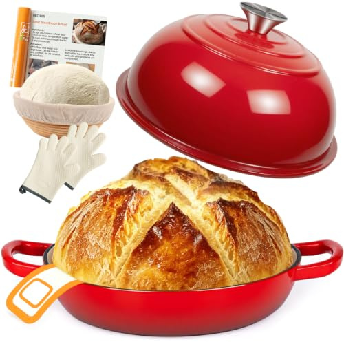 Pentola per Pane in Ghisa da 5,7L, Con Coperchio e Tappetino in Silicone, Pentola in Ghisa per Cuocere il Pane,26 cm Dutch Oven Multifunzione per Cuocere, Brasare, Arrostire, Stufare (Rossa)
