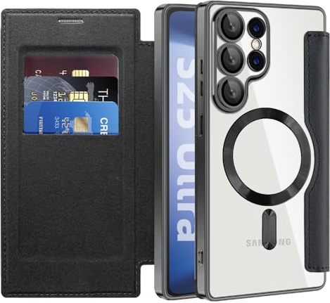 IMIRST Hülle für Samsung Galaxy S24 Ultra Handyhülle mit MagSafe Transparente Anti-Kratzer Leder Flip Stoßfest Schutzhülle Klapphülle mit RFID-Sperre Schutzhülle Case für Galaxy S24 Ultra, WD Schwarz