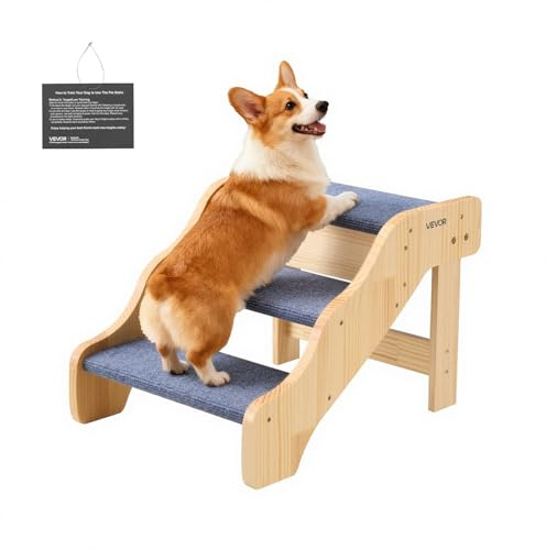 VEVOR Escalier pour Chien en Bois 3 Marches pour Chien pour Canapé Lit Voiture Chats Chiens Animaux de Compagnie Jusqu'à 68 kg, Surface Antidérapante, Hauteur Marche 12 cm, en Bois de Pin et Feutrine