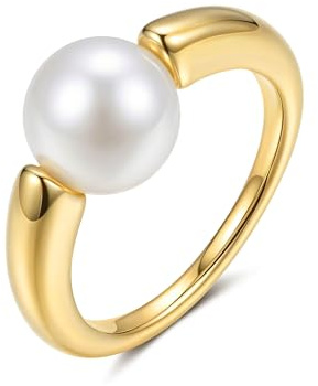YeGieonr Non Tarnish Gold Signet Rings for Women - Waterproof 18K Gold Plated Stainless Steel Pearl Ring, Statement Ring for Everyday Wear