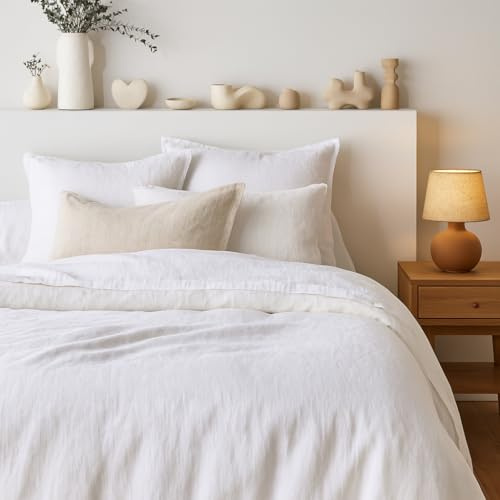 Tendance Perso - Parure de Couette 100% Pur Lin lavé Blanc – Housse de Couette 140x200 cm + 1 Taie 63x63 cm – Linge de Lit en Lin Naturel, Élégant et Respirant