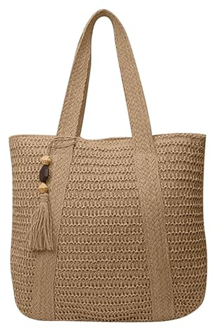 Bolsa de viaje grande de paja para mujer, tejida, bohemia, hecha a mano, para verano, con borlas, picnic