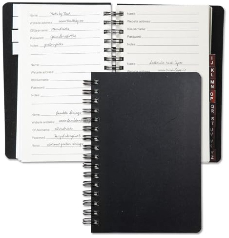Current Black Password & PIN Keeper Book, 65 Pages, 4.5” x 5 ¾” Size Spiral Bound, Alphabetical Tabs, Plastic Cover Internet Organizer for Offline Website, Login, & Username Storage