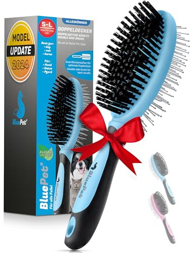 BluePet 2in1 Hundebürste für Langhaar & Kurzhaar Auch für Welpen & Katzen I Glätten, Entwirren, Ausbürsten I Das Allround-Talent Borstenbürste (Blau, M-L)