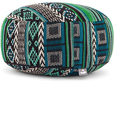 Bodhi Meditationskissen Rondo | Ethno Collection | Sitzkissen mit Tragegriff und abnehmbarem Bezug aus Baumwolle | Rundes Yogakissen mit Dinkelfüllung | Jacquard-Webstoff (schwarz-weiß-grün)