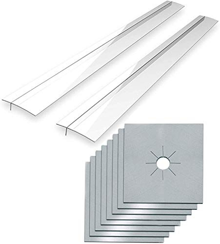 MSDADA Gaskocher-Abdeckungen, 8 Stück,27 x 27 cm, mit 2 Stück 54cm Küchen Silikon Stove Gap Cover,Doppelte Dicke,Antihaftbeschichtet,Wiederverwendbar,Schnell zu Reinigen(Silber und Transparent)