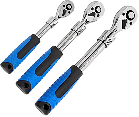 HELAKLS 3-Piece 1/4 3/8 1/2-Inch Drive Socket Ratchet Set Extendable Handle Wrench Quick-Release Reversible Gear Torque Spanner Mechanical Tools
