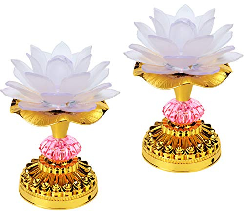 LACGO Pack of 2 LED Lotus Buddhist Lights Color-Changing Gradient Buddha Lotus Lamps Plug in or Battery-Operated Buddhist Lamp Worship Prayer Faith Supply Things (3.3''W/5.5''H, White)