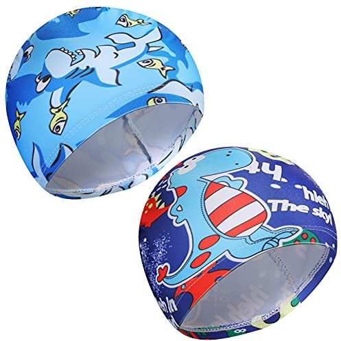 2 Cuffie da Nuoto per Bambini Cuffia da Piscina Cuffietta da Nuotare Elastica Cappello da Nuoto in Poliestere Cuffia da Bagno per Ragazzo di Età 1-8 Anni (Stile Carino)