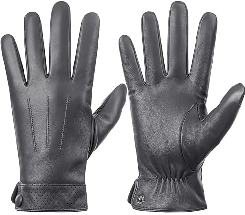 Dsane Winter Echtes Schafsleder Handschuhe für Männer, Warm Touchscreen Texting Kaschmir gefüttert Autofahren Motorrad Handschuhe (Grau, S)