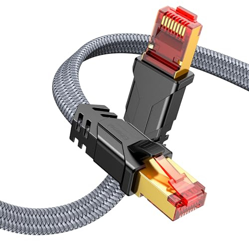 SNOWKIDS Cat 8 LAN Kabel 2Meter, 40Gbps Nylon Flach Netzwerkkabel (2M Grau) | Robust Nylon-Kabel, 2000MHz Hohe Geschwindigkeit Patchkabel, S/FTP, RJ45 Stecker Ethernet Kabel für Router/Modem/TV/Switch