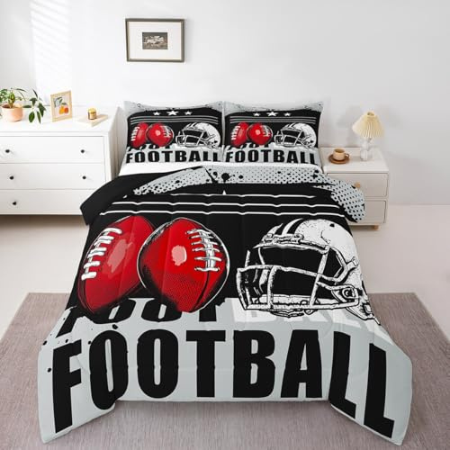 Feelyou Football Comforter Sports Theme Bedding Set Soccer Ball Black White Red Comforter Set for Boys Girls Children Teens Bedroom Decor 3D America Football Print Duvet Set Queen Size