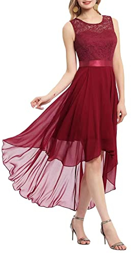 Women's Floral Lace Chiffon Bridesmaid Dress Sleeveless Handkerchief Hem Asymmetrical Formal Swing A-line Party Dress (Wine Red, X-Small)