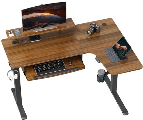EUREKA ERGONOMIC Höhenverstellbarer Schreibtisch 155x110 cm Großer Eckschreibtisch Höhenverstellbar Schreibtisch Höhenverstellbar Elektrisch Gaming Tisch L Form mit Tastaturablage, LED Monitorständer