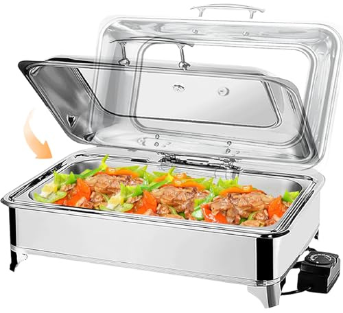Chafing Dish Elektrisch 9L, Catering Warmhaltebehälter Edelstahl, Rechteckiger Chafing Dish Set Speisenwärmer mit Sichtbarem Glasdeckel(1pan)
