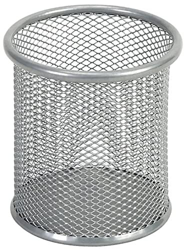 Detectalia Stifthalter, Stifthalter aus Metalldraht – Schreibtisch mit rundem Stifthalter – Stifthalter für Büro/Schule – multifunktionaler Stiftbecher aus Netzstoff – Silber/Grau