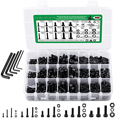 LuKaiSen 1500 Pezzi Viti a Testa Esagonale con Esagono Incassato Kit, Set da viti esagonali M2 M3 M4 M5 M6 cilindrica Nero 12,9 Acciaio al Carbonio con dado e rondelle assortite