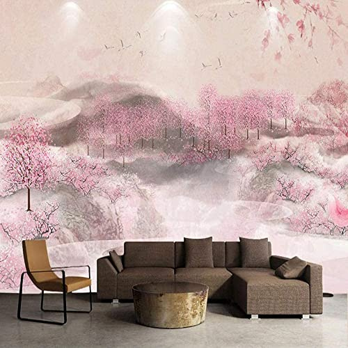 Fotomurale Carta Da Parati Murale Poster Arte Murale Adesivo Decorazione Murale 3D Romantico Dipinto Di Paesaggio Di Fiori Di Pesco Rosa - Quadri Autoadesivi Per S 140 (larghezza) x 70 (altezza) cm